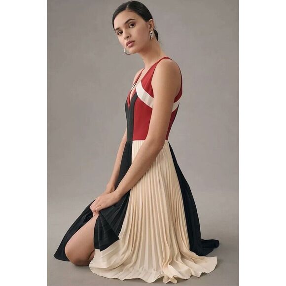 Anthropologie Maeve Pleated Colorblock Midi Dress Size 4 B34 - Picture 2 of 9